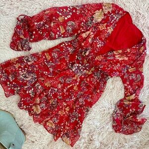 Free People Floral Red Long Sleeve Dress